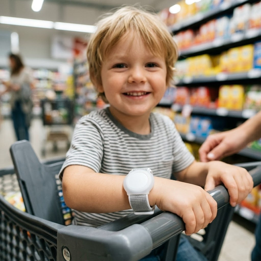 Kind im Einkaufswagen im Supermarkt, hellgraues AirTag-Kinderarmband am Handgelenk