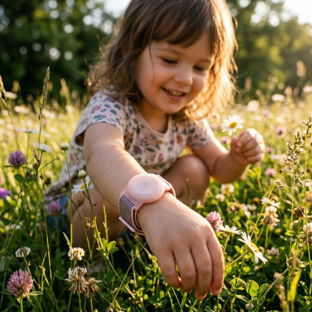 Mädchen pflückt Blumen auf der Wiese, rosa AirTag-Kinderarmband am Handgelenk