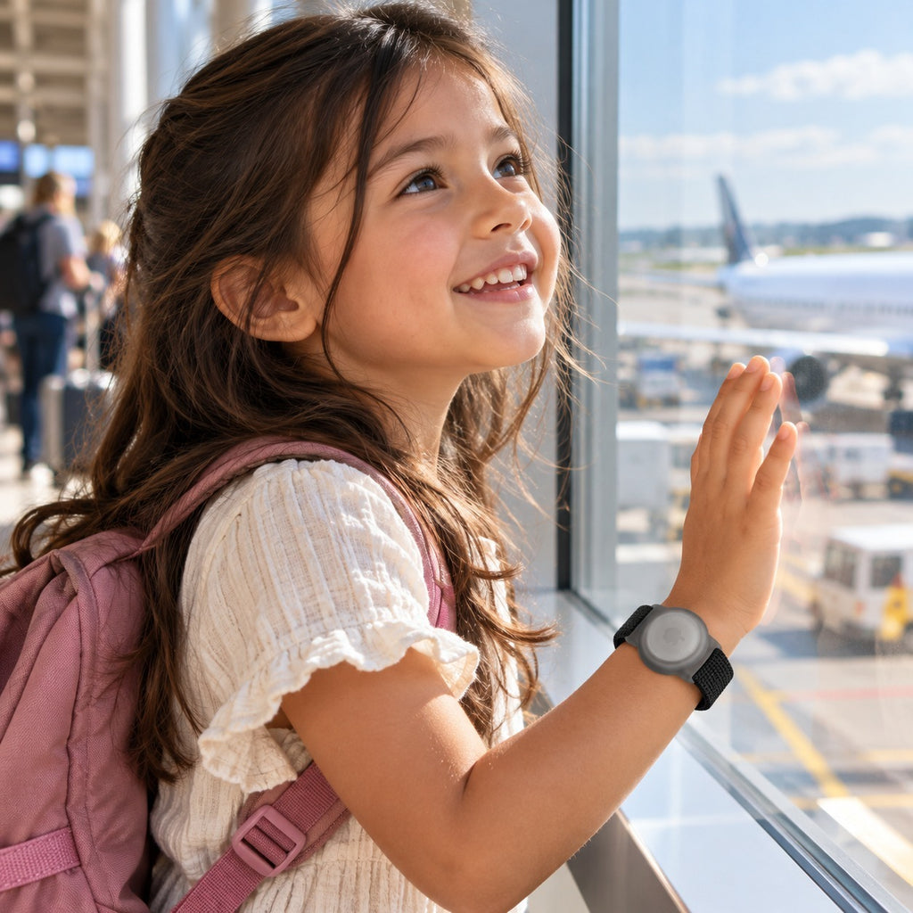 Mädchen am Flughafenfenster, schwarzes AirTag-Kinderarmband am Handgelenk