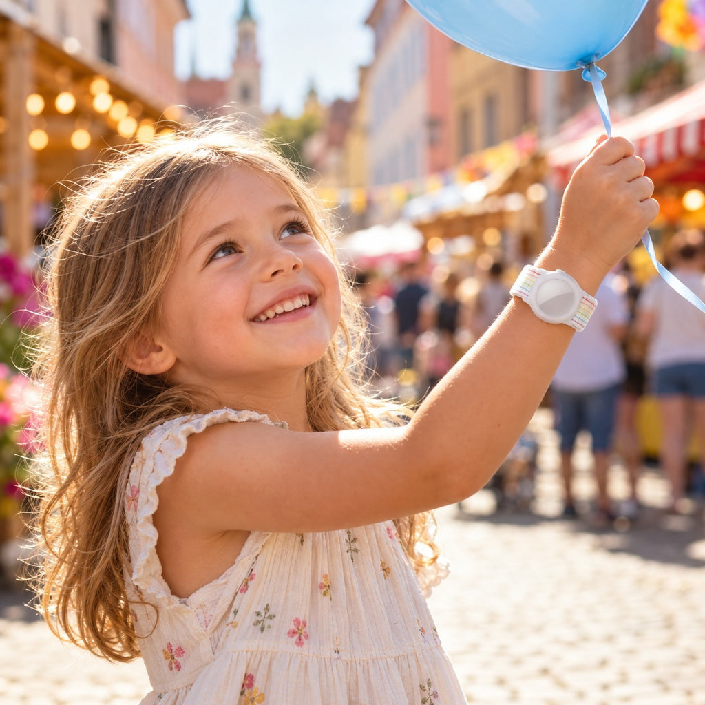 Mädchen mit Luftballon auf dem Stadtfest, weißes AirTag-Kinderarmband mit Pastellstreifen