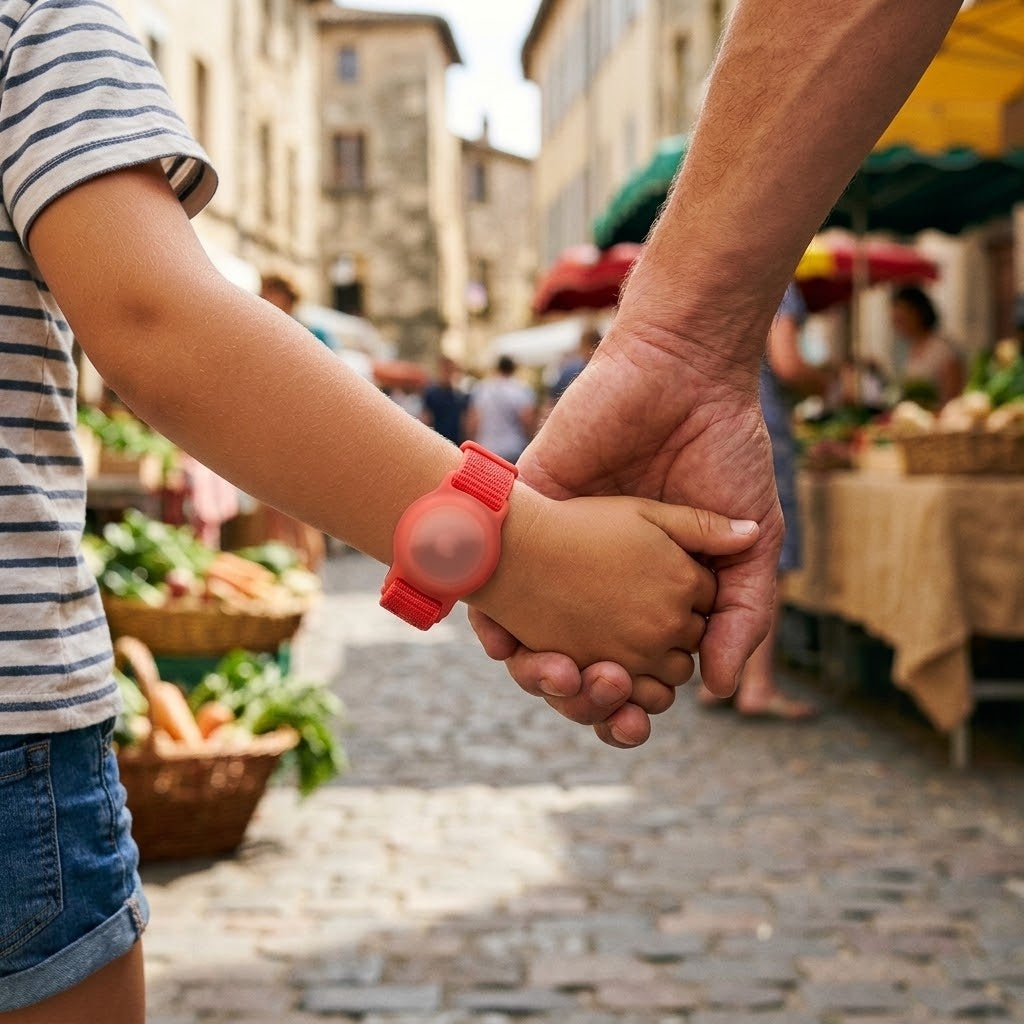 Elternteil und Kind Hand in Hand auf dem Wochenmarkt, Kind mit AirTag-Armband