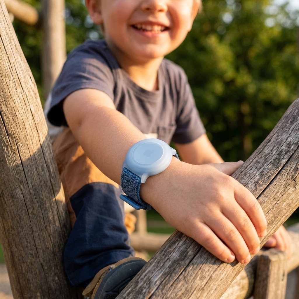 Kind beim Klettern auf dem Spielplatz mit AirTag-Armband am Handgelenk
